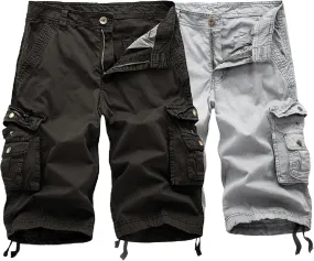 2 Pack Men's Cargo Shorts Cotton Work Shorts Multi Pockets Beach Shorts Relaxed Fit Outdoor Casual Military Shorts