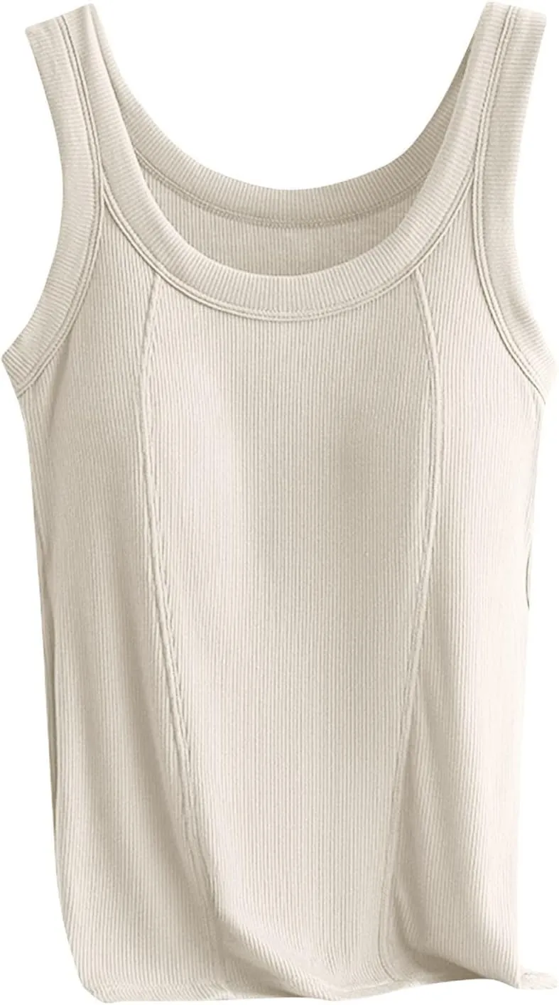 2025 Womens Ribbed Cami Tank Tops Built in Bra Padded Camisole Sleeveless Stretch Slim Fit Lounge Layer Daily Wear