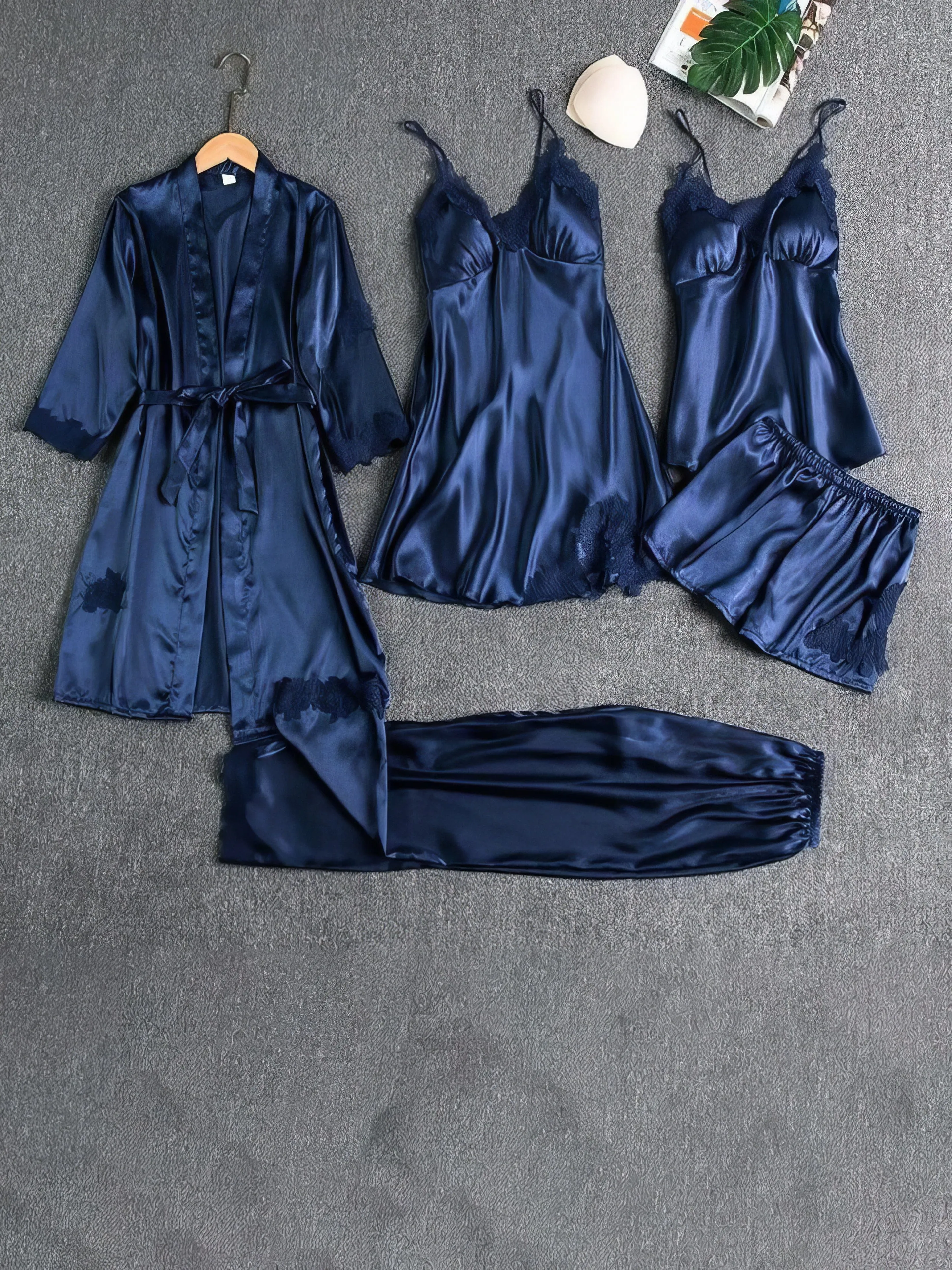 5-Piece Pajama Set: Soft Satin, Lace Details