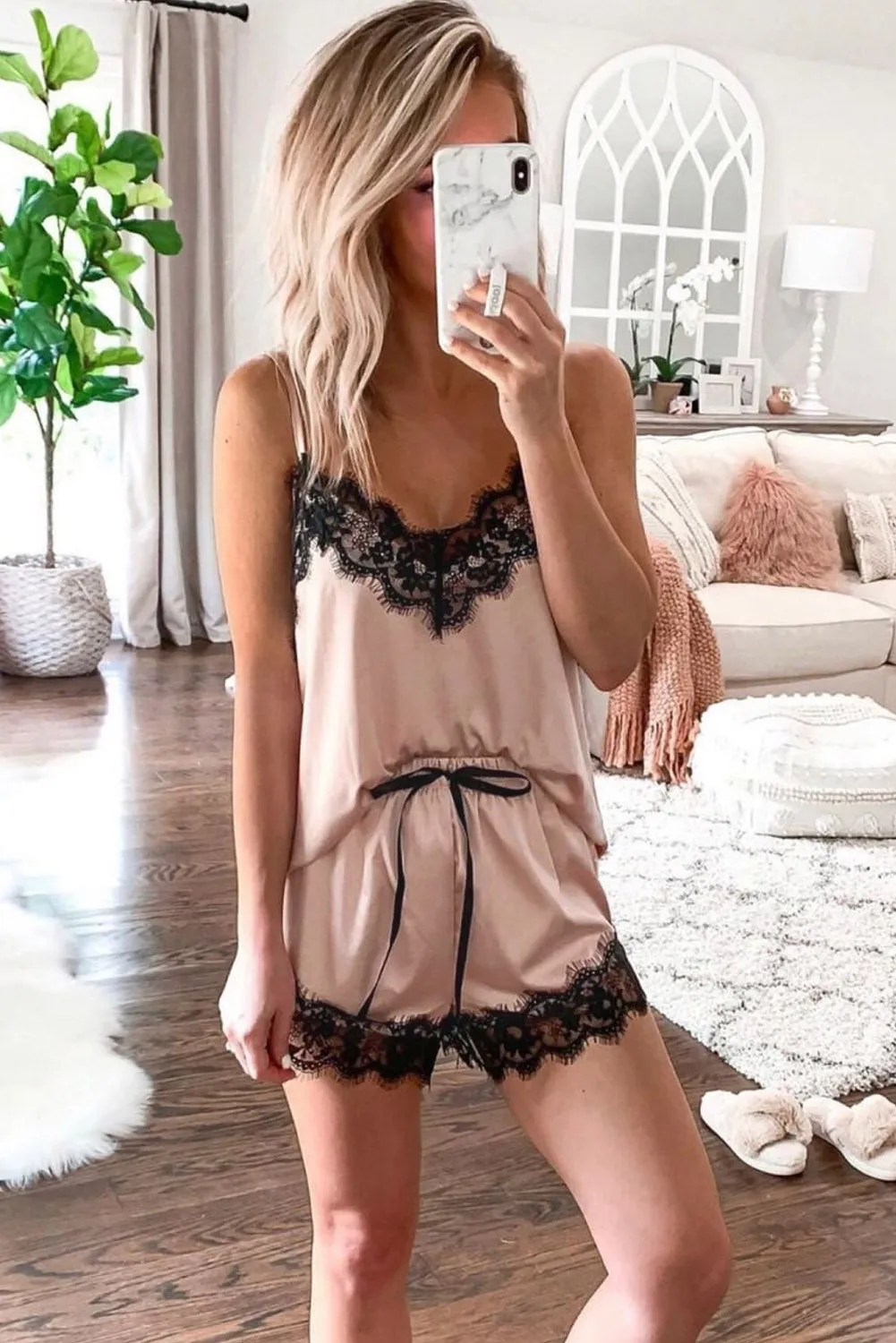5-Piece Pajama Set: Soft Satin, Lace Details
