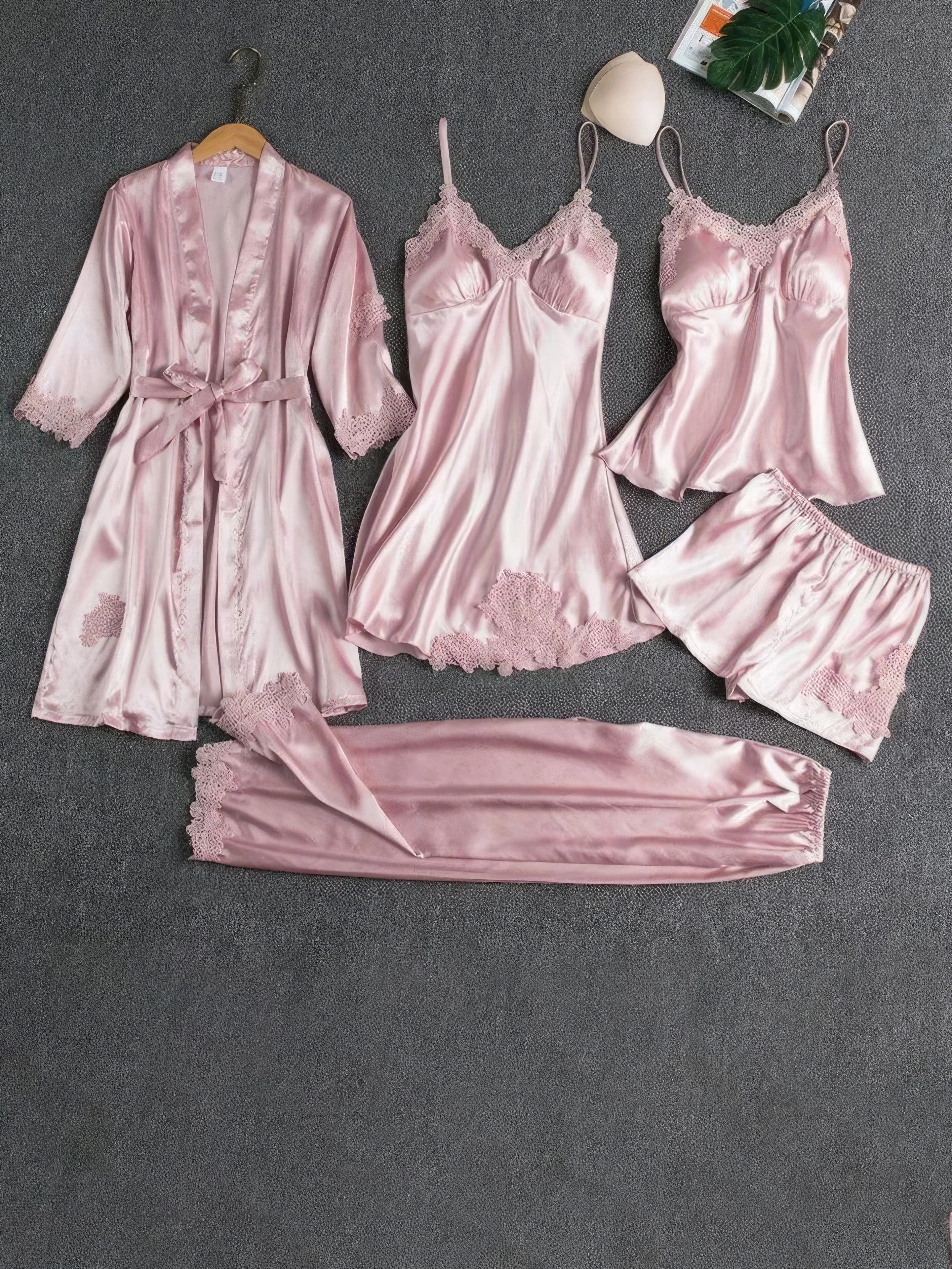 5-Piece Pajama Set: Soft Satin, Lace Details