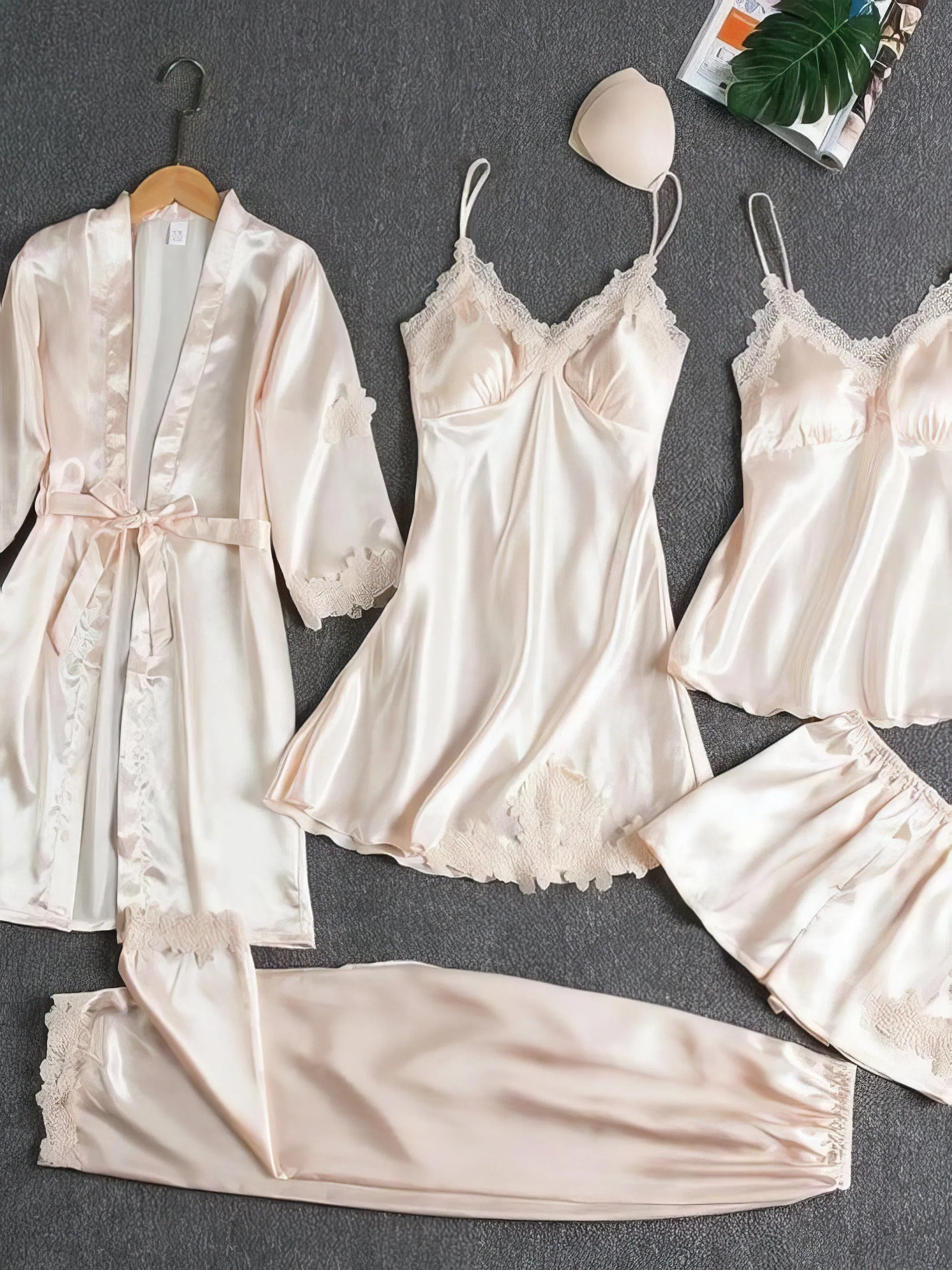 5-Piece Pajama Set: Soft Satin, Lace Details