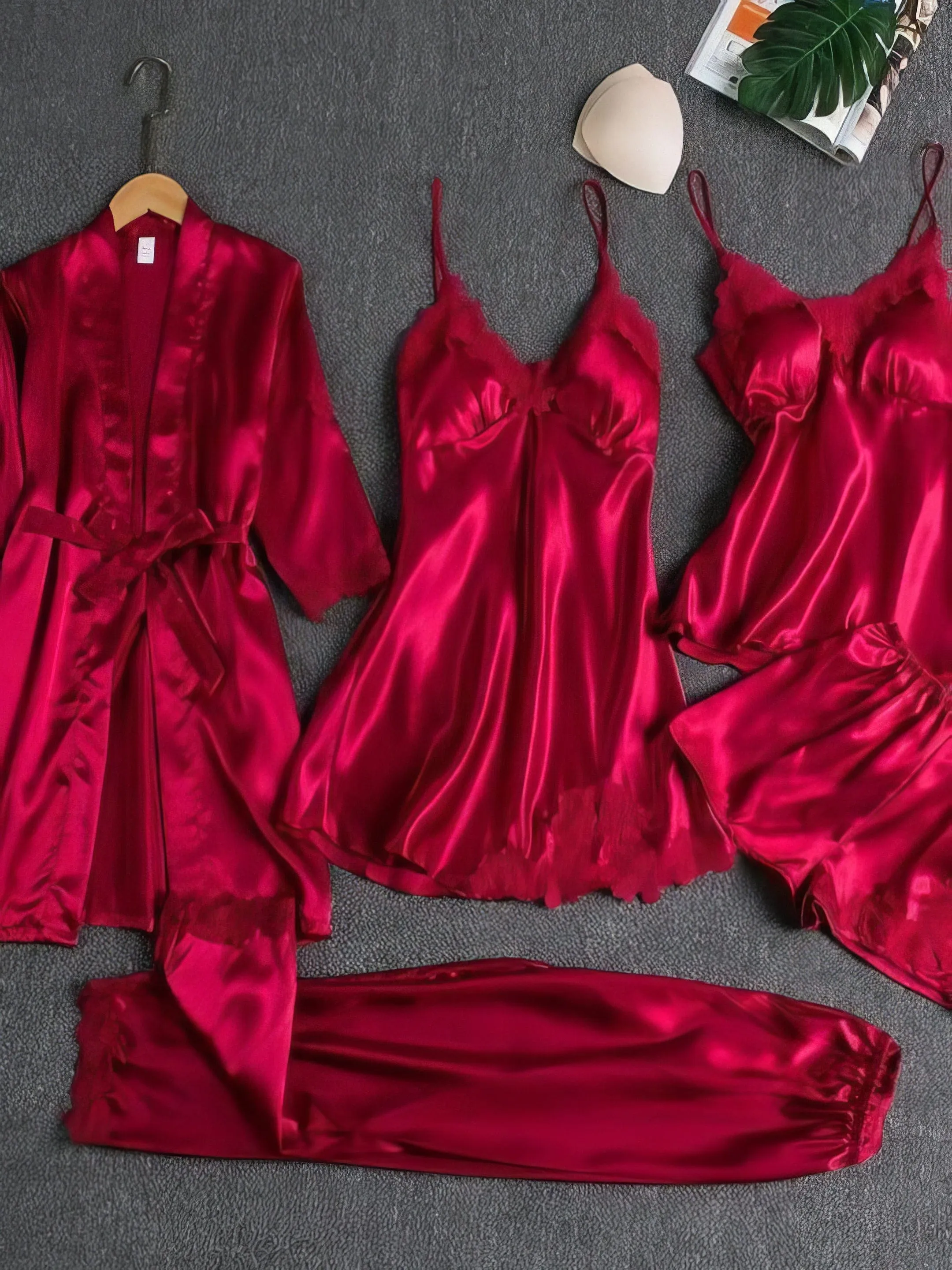 5-Piece Pajama Set: Soft Satin, Lace Details