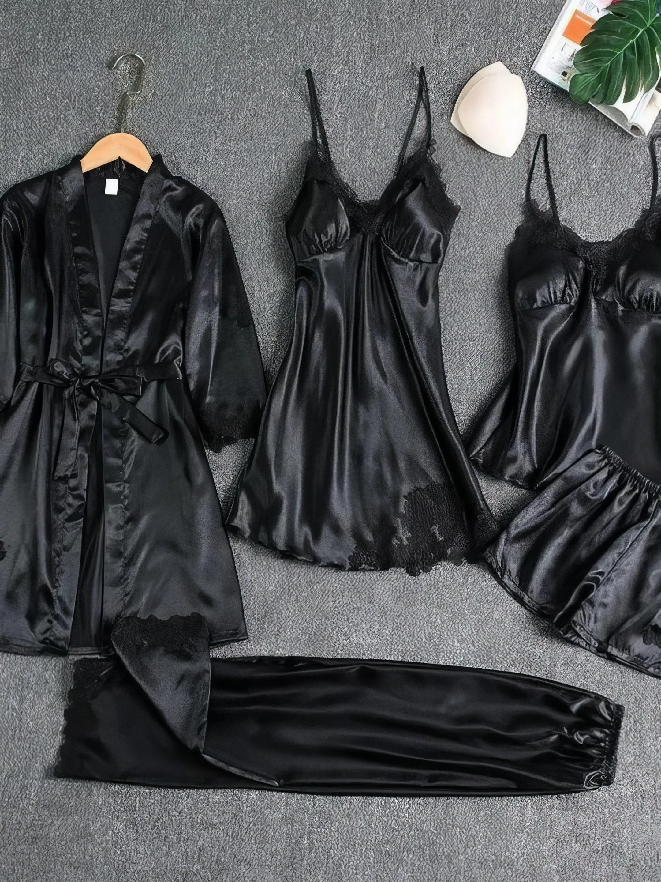 5-Piece Pajama Set: Soft Satin, Lace Details