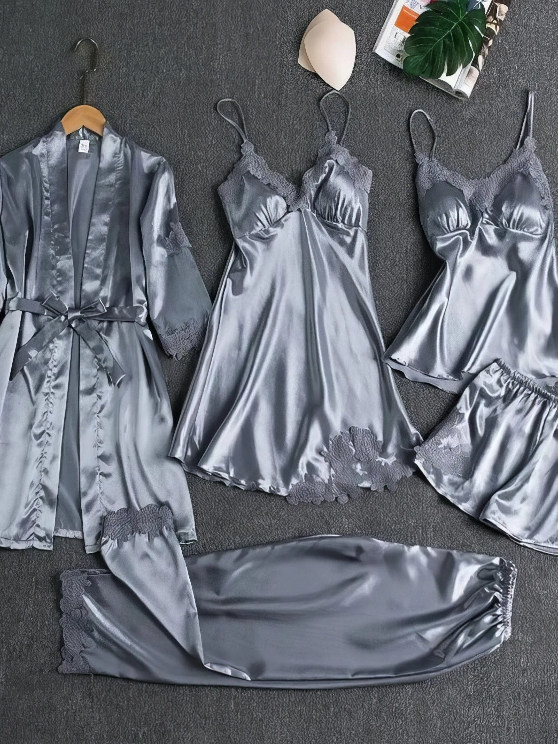 5-Piece Pajama Set: Soft Satin, Lace Details