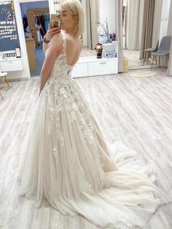 A Line V Neck Light Champagne Lace Long Prom, Light Champagne Lace Formal, Champagne Evening