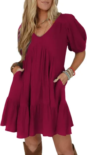 Acelitt Women's Summer Dresses 2025 Beach Casual Deep V Neck Loose Sundress Short Sleeve Mini Dress