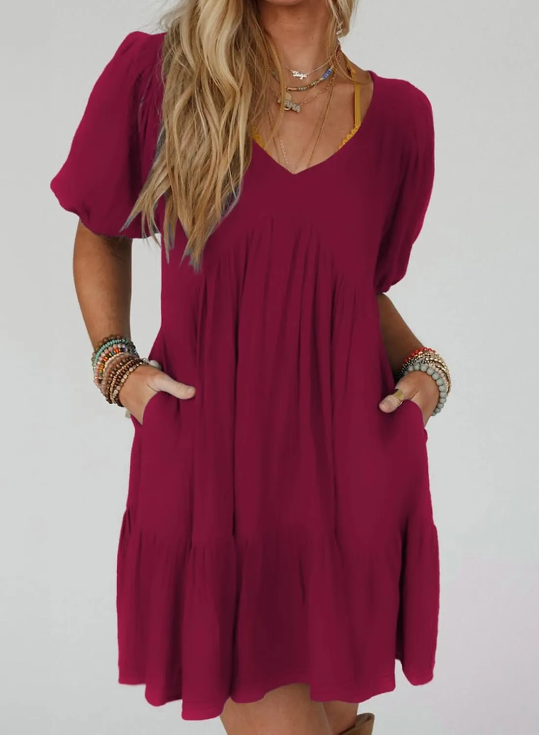 Acelitt Women's Summer Dresses 2025 Beach Casual Deep V Neck Loose Sundress Short Sleeve Mini Dress