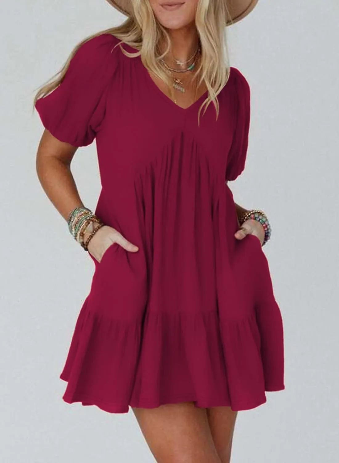 Acelitt Women's Summer Dresses 2025 Beach Casual Deep V Neck Loose Sundress Short Sleeve Mini Dress