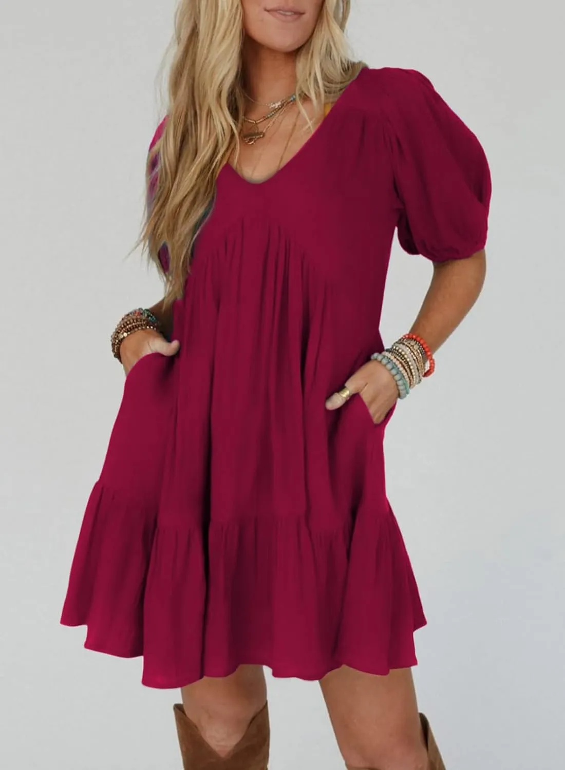 Acelitt Women's Summer Dresses 2025 Beach Casual Deep V Neck Loose Sundress Short Sleeve Mini Dress