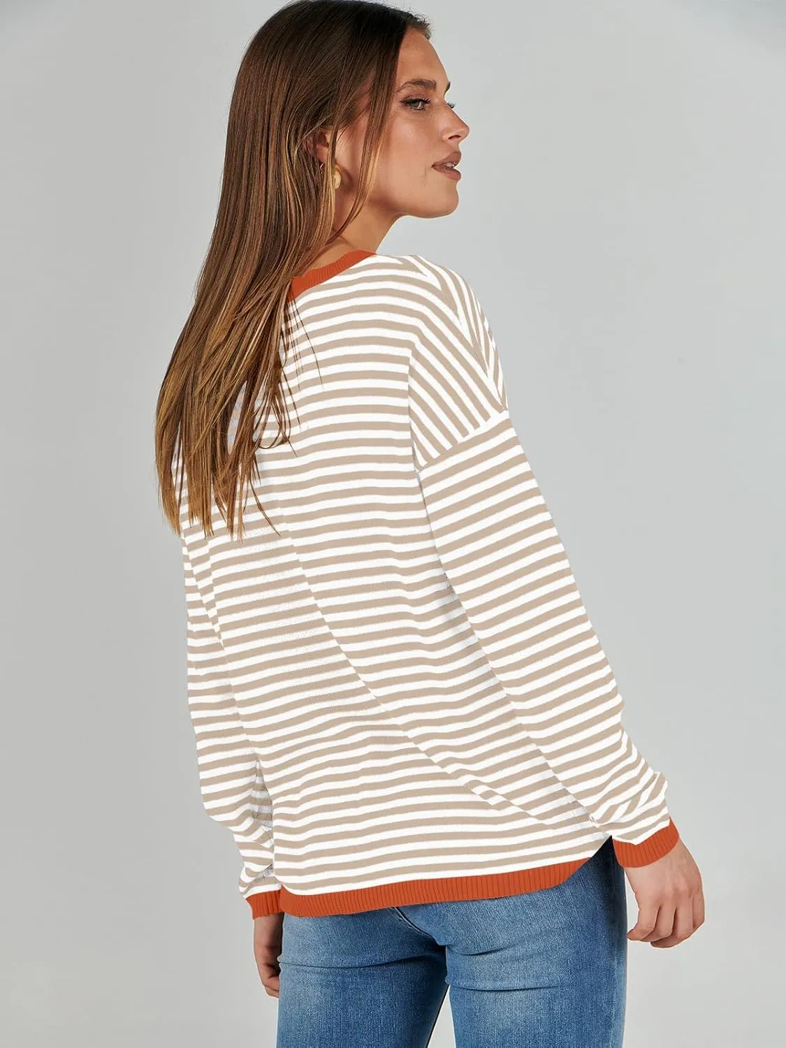 ANRABESS Womens Sweaters Striped Color Block Long Sleeve Crewneck Casual Loose Knitted Pullover Shirts 2025 Fall Trendy Tops
