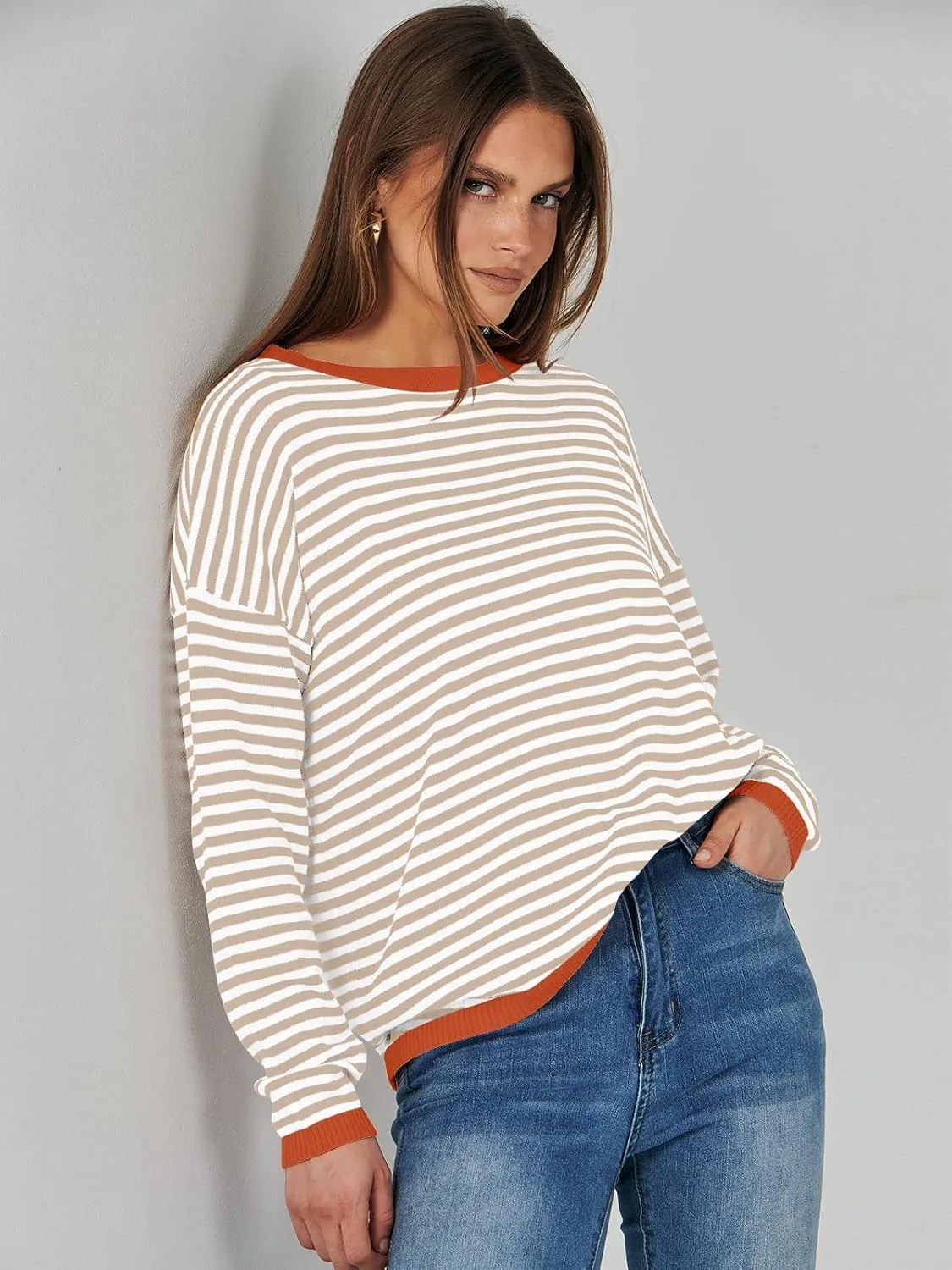 ANRABESS Womens Sweaters Striped Color Block Long Sleeve Crewneck Casual Loose Knitted Pullover Shirts 2025 Fall Trendy Tops