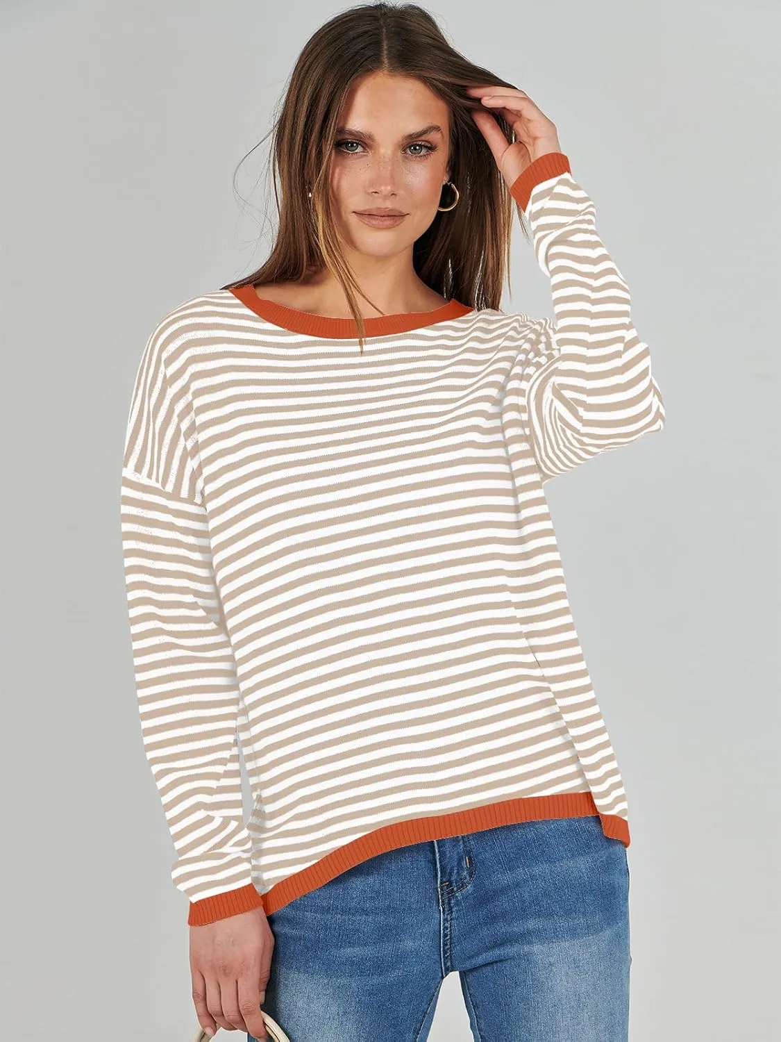 ANRABESS Womens Sweaters Striped Color Block Long Sleeve Crewneck Casual Loose Knitted Pullover Shirts 2025 Fall Trendy Tops