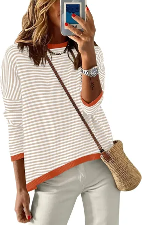 ANRABESS Womens Sweaters Striped Color Block Long Sleeve Crewneck Casual Loose Knitted Pullover Shirts 2025 Fall Trendy Tops