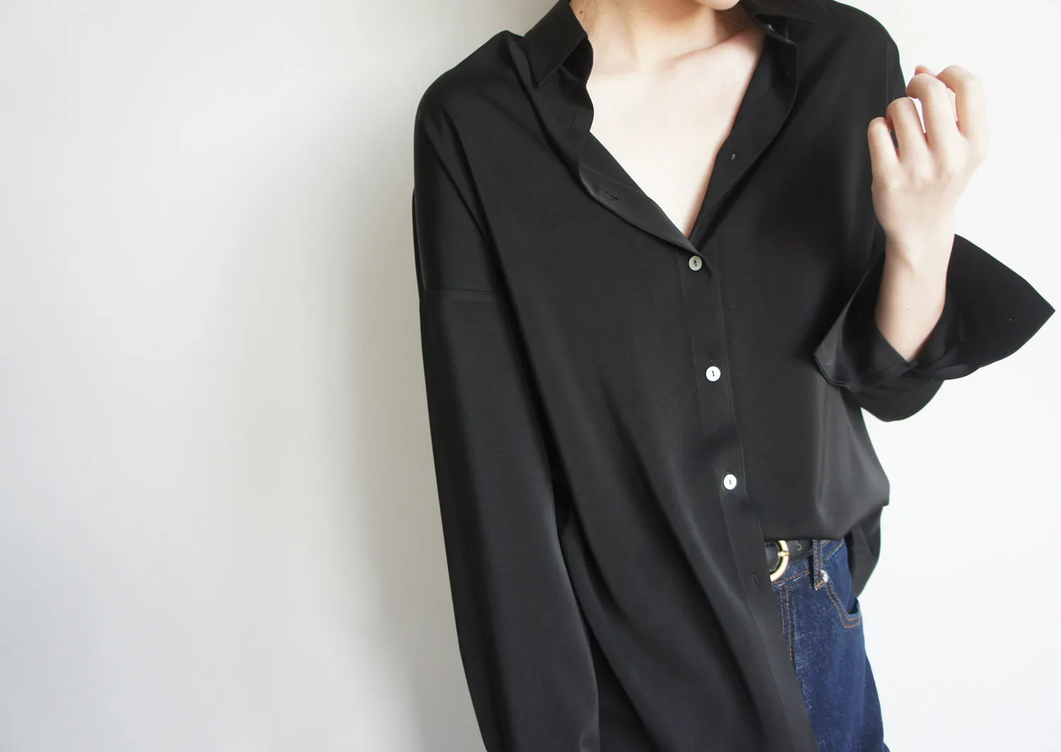 Black Matt Long Sleeve Elegant OL Chic Blouse Shirt