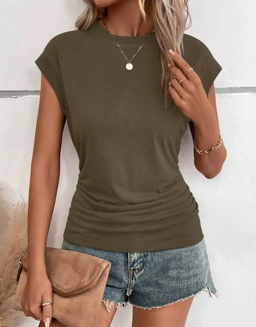 Bliwov Womens Summer Cap Sleeve Tops Business Casual Crewneck T Shirts Trendy Outfits 2025 Beach Vacation Fashion Blouses