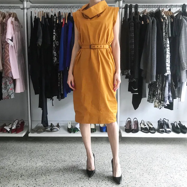 Bottega Veneta Mustard Yellow Cotton Cowl Neck Dress - 6/8