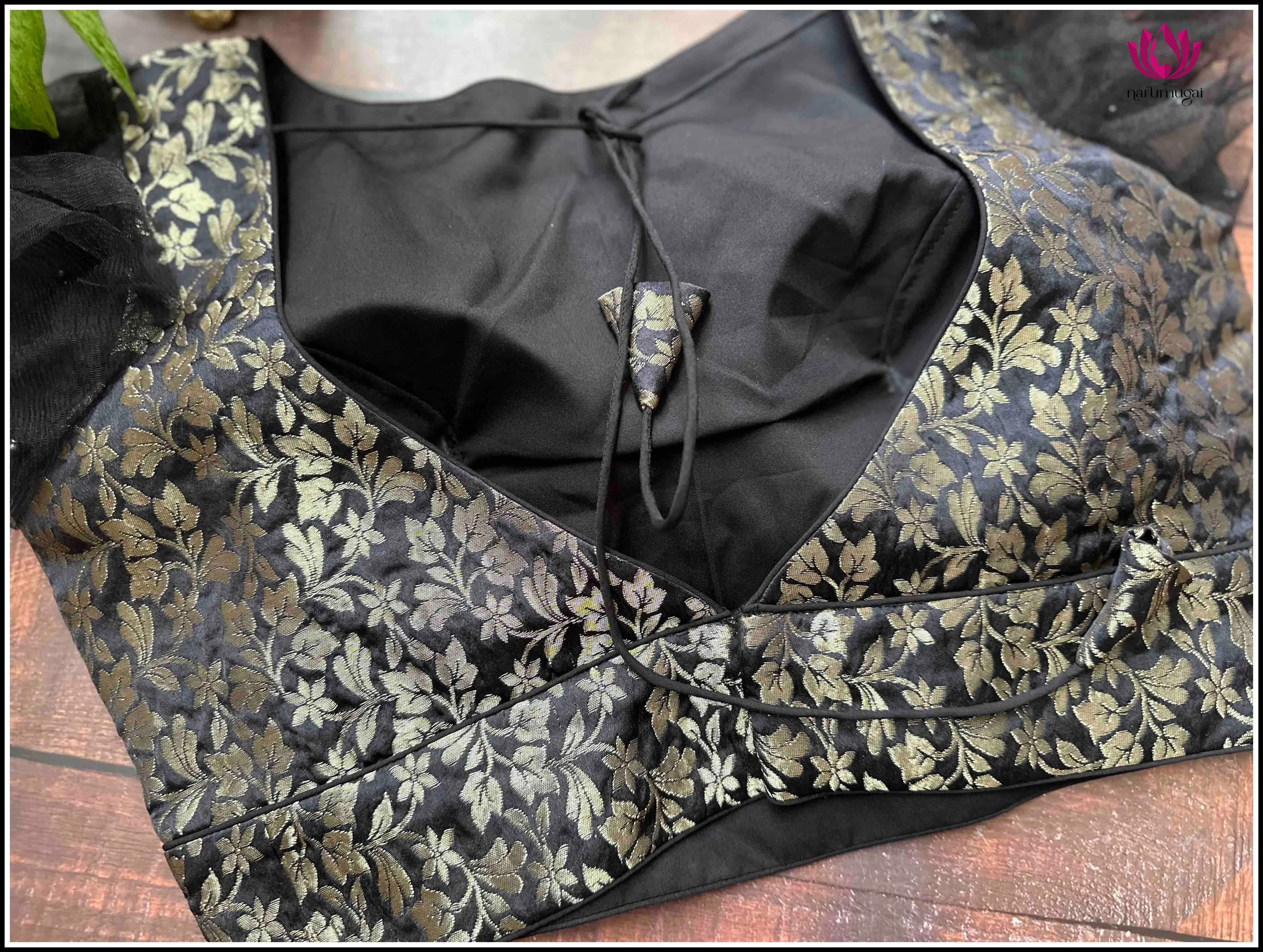 Brocade readymade Blouse in Black with Net Sleeves - Size 38