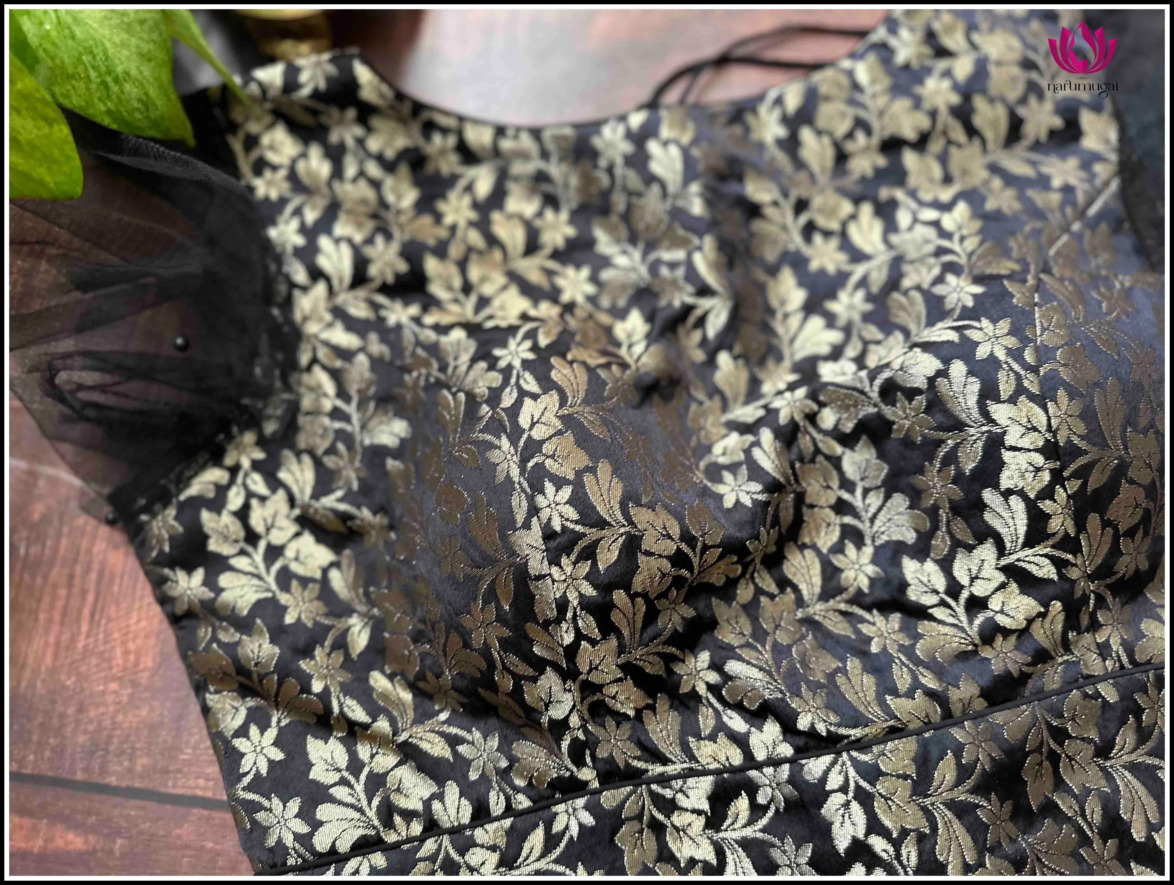 Brocade readymade Blouse in Black with Net Sleeves - Size 38
