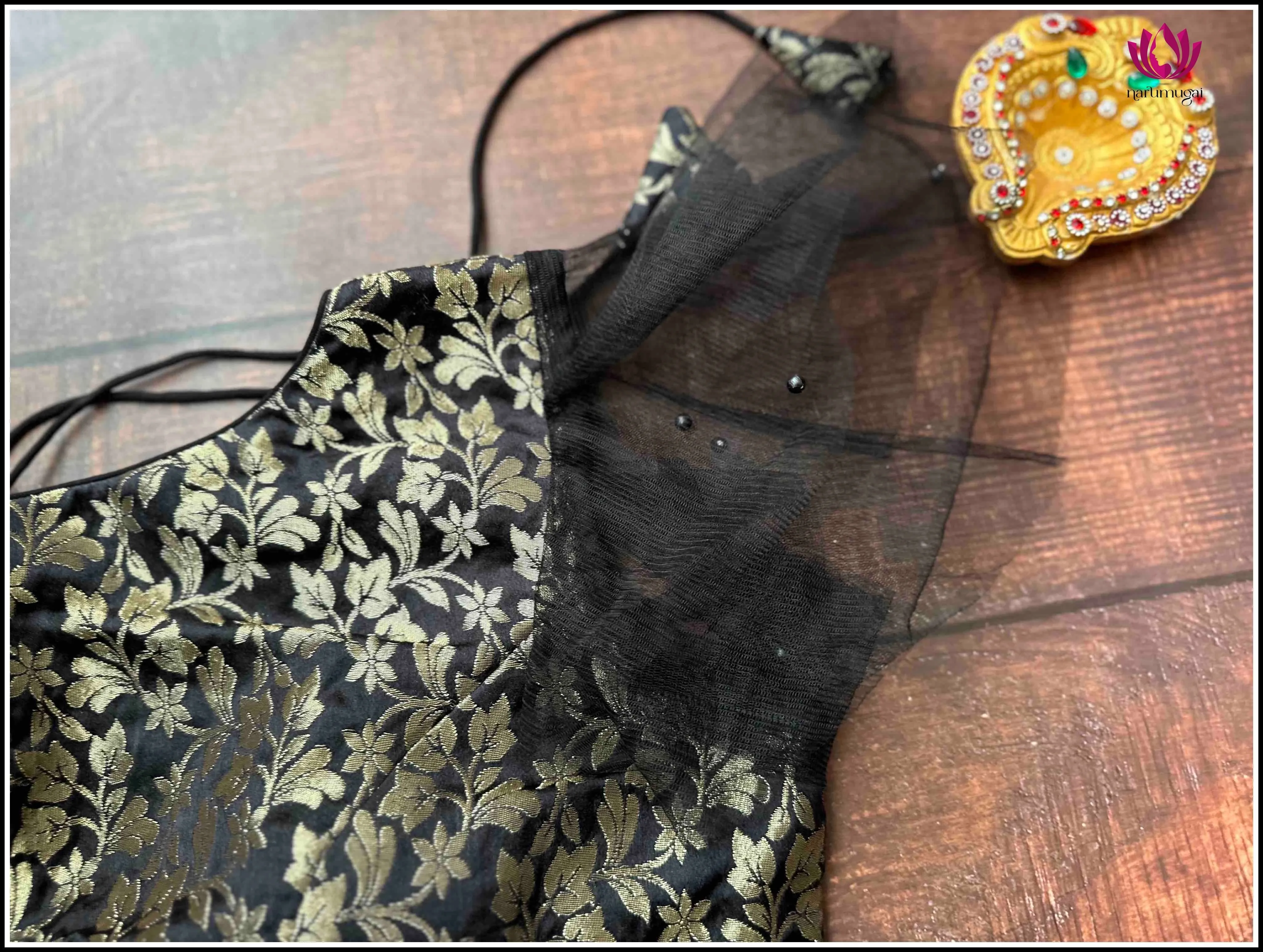 Brocade readymade Blouse in Black with Net Sleeves - Size 38