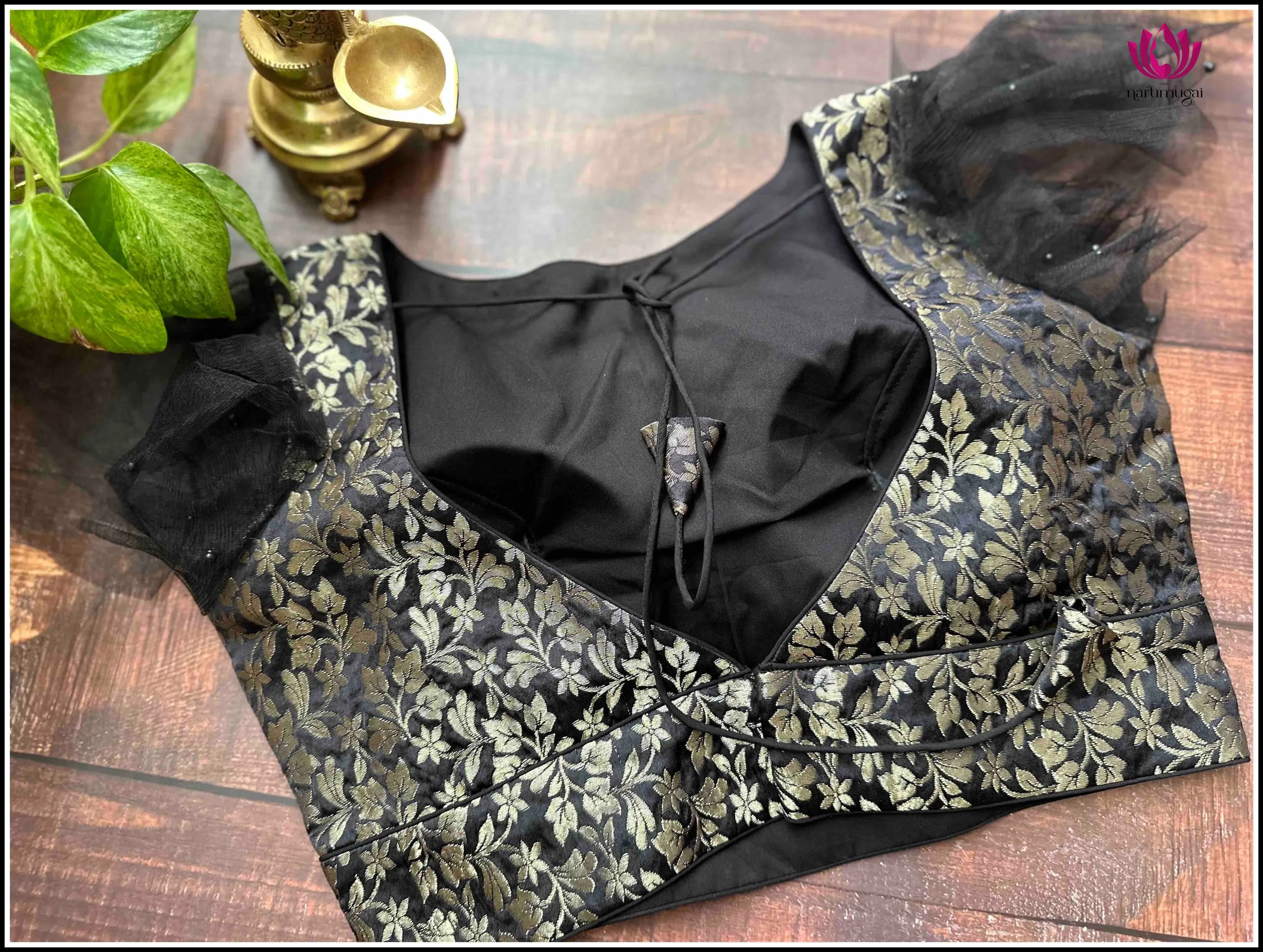 Brocade readymade Blouse in Black with Net Sleeves - Size 38