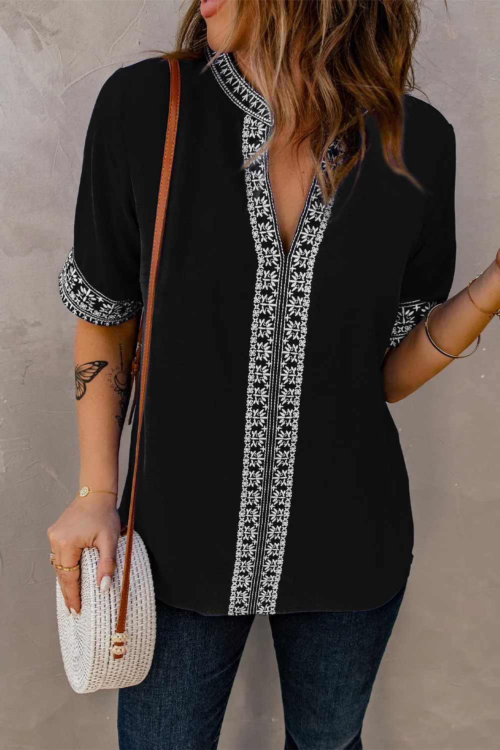 Chic Boho V Neckline Half Sleeve Blouse