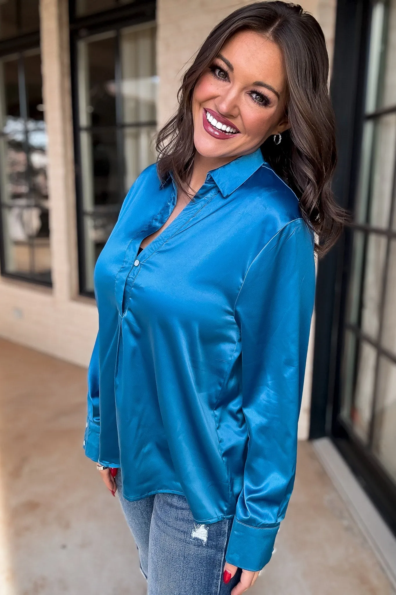 Chic Certainty Satin Blue Blouse