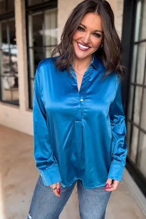 Chic Certainty Satin Blue Blouse