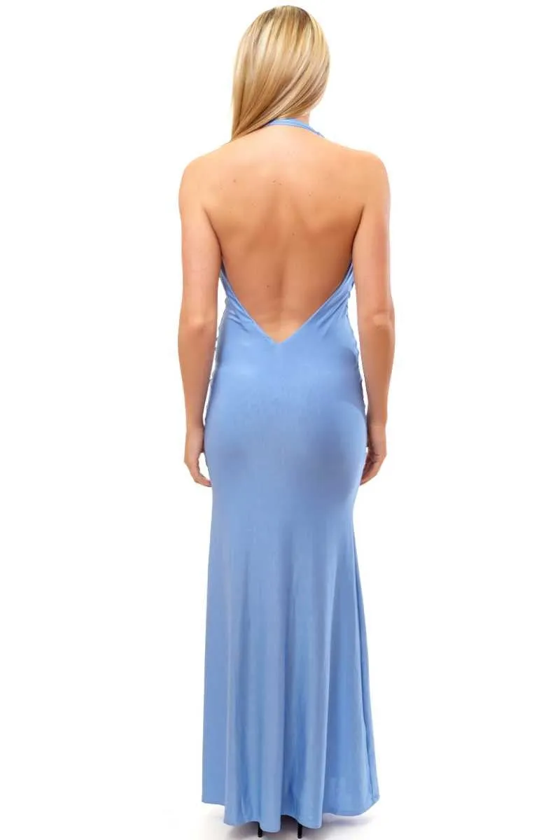 Coco - Powder blue draped halter neck evening dress