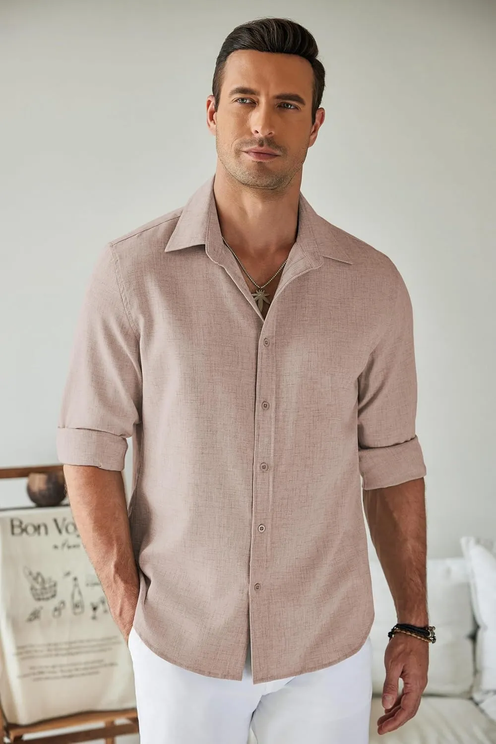 COOFANDY Men's Long Sleeve Button Down Linen Shirt Casual Untucked Chambray Shirt Wrinkle Free Wedding Shirts