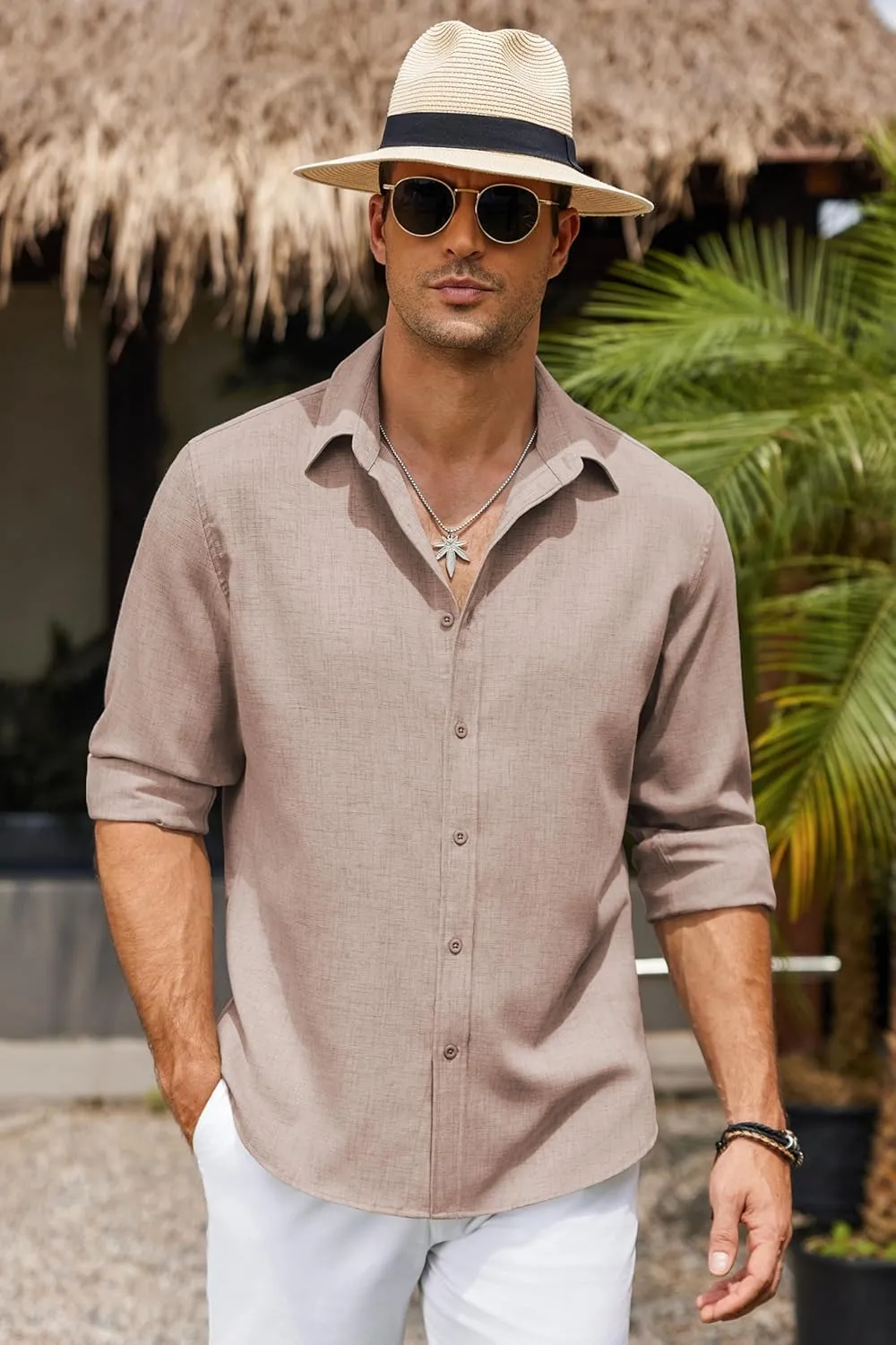COOFANDY Men's Long Sleeve Button Down Linen Shirt Casual Untucked Chambray Shirt Wrinkle Free Wedding Shirts