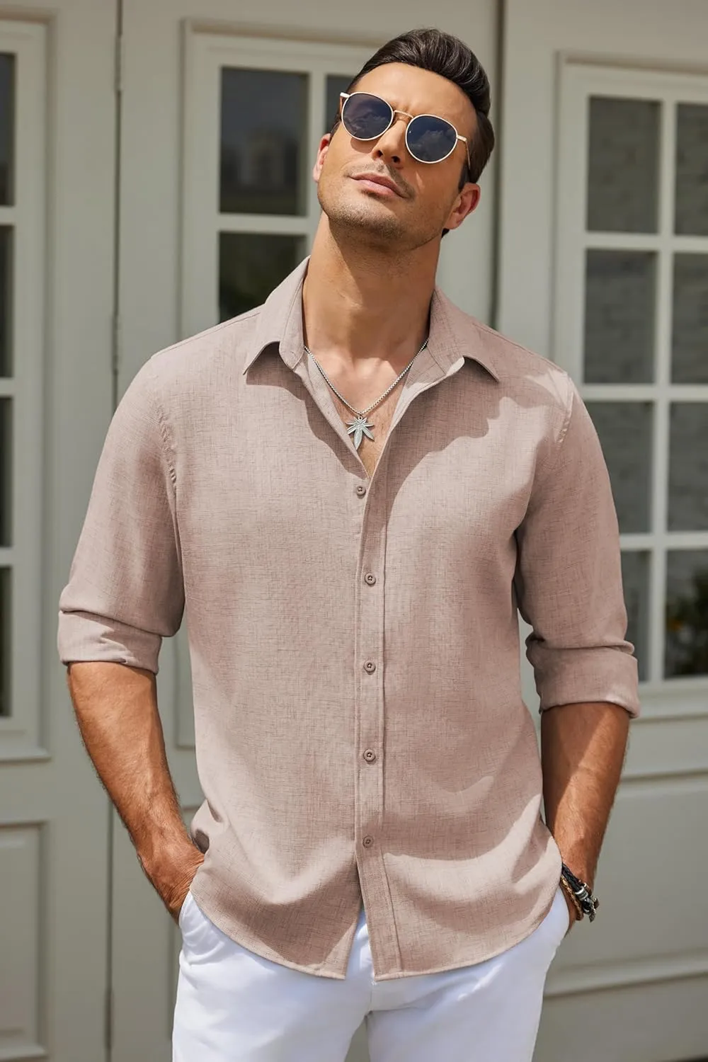 COOFANDY Men's Long Sleeve Button Down Linen Shirt Casual Untucked Chambray Shirt Wrinkle Free Wedding Shirts