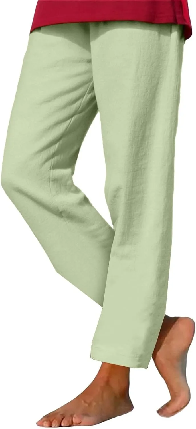 Cotton Linen Pants for Women's High Waist Straight Leg Trousers Casual Baggy Breathable Cool Beach Outfits Plus Size