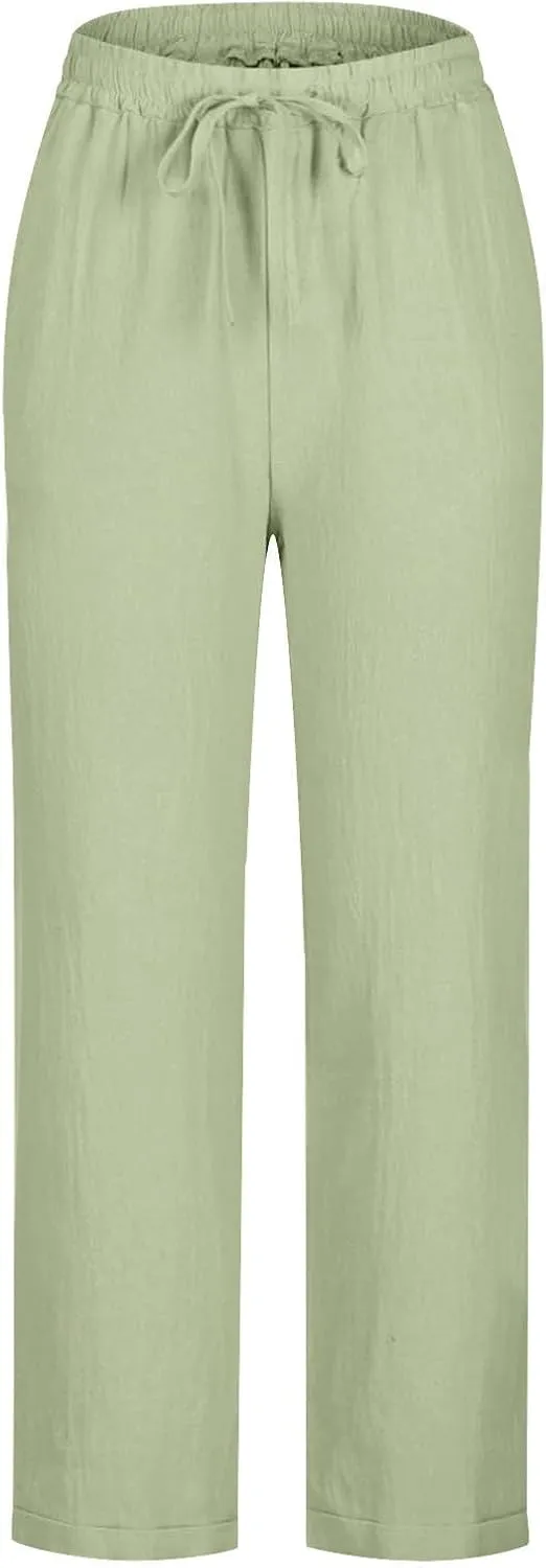 Cotton Linen Pants for Women's High Waist Straight Leg Trousers Casual Baggy Breathable Cool Beach Outfits Plus Size