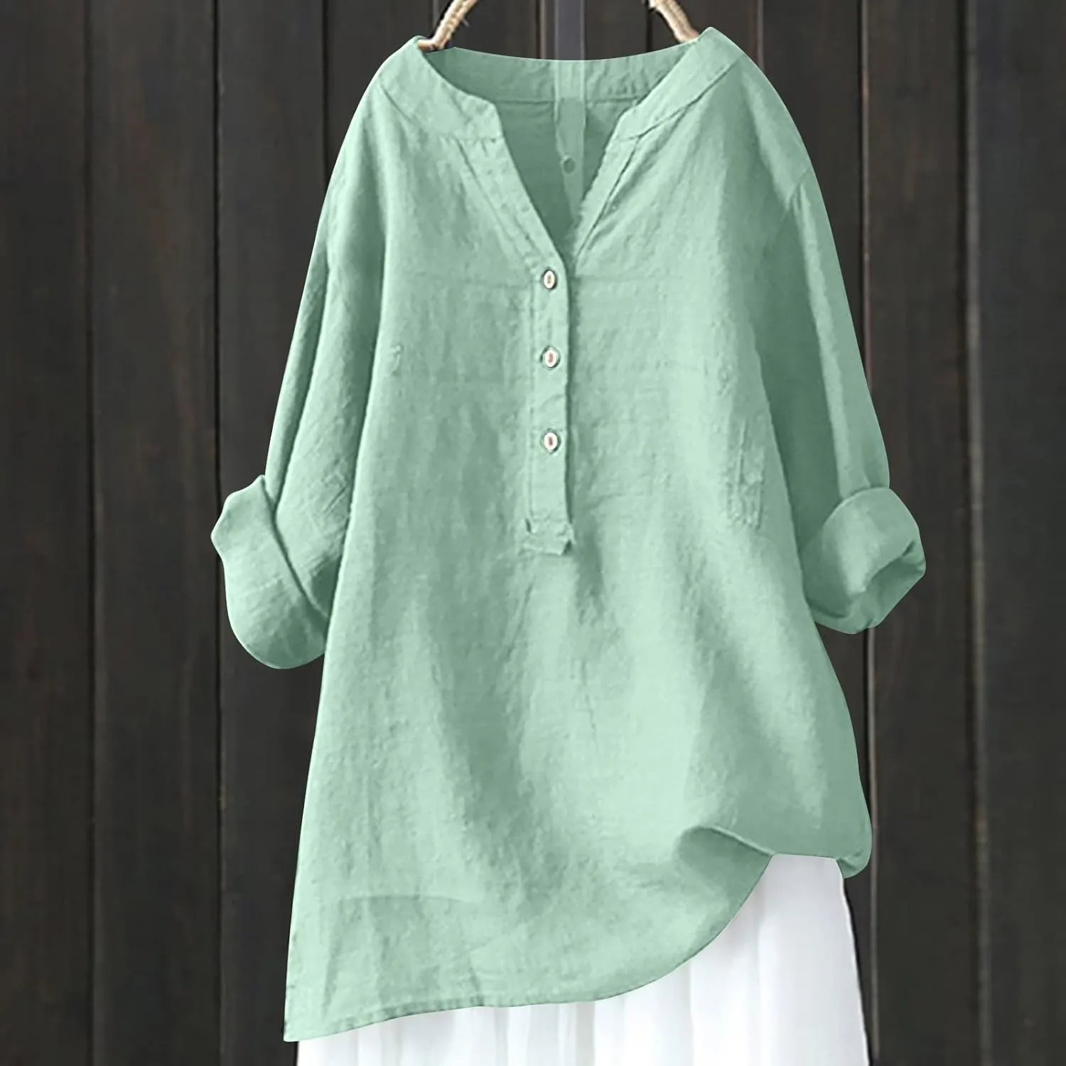 Cotton Linen Shirts for Women Long Sleeve Loose Fit Casual Blouse V Neck Button Down Basic Tees 2025 Summer Tops