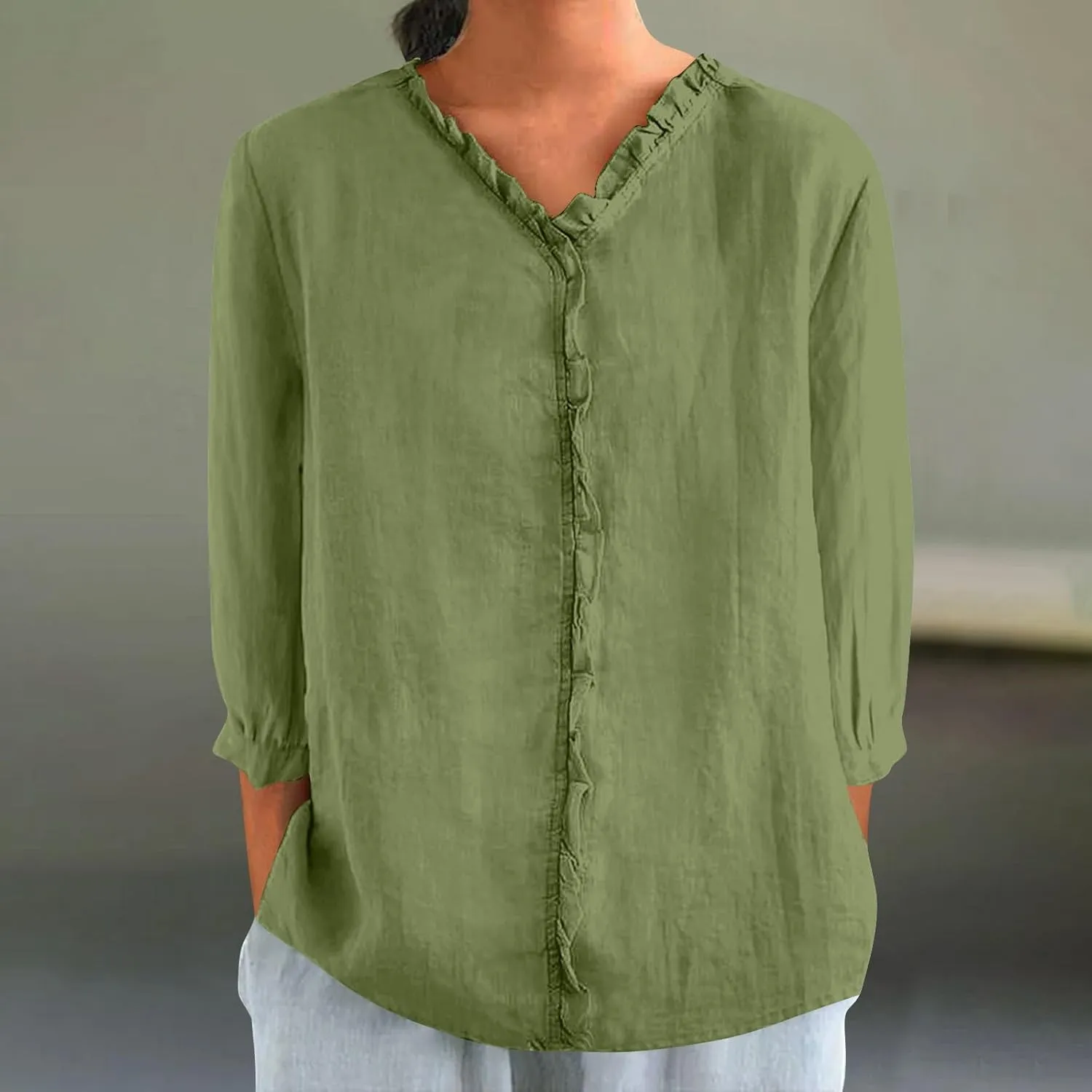 Cotton Linen Shirts for Women Long Sleeve Ruffle Collar Blouse Summer Tops Loose Lightweight Flowy Beach Outfits 2025