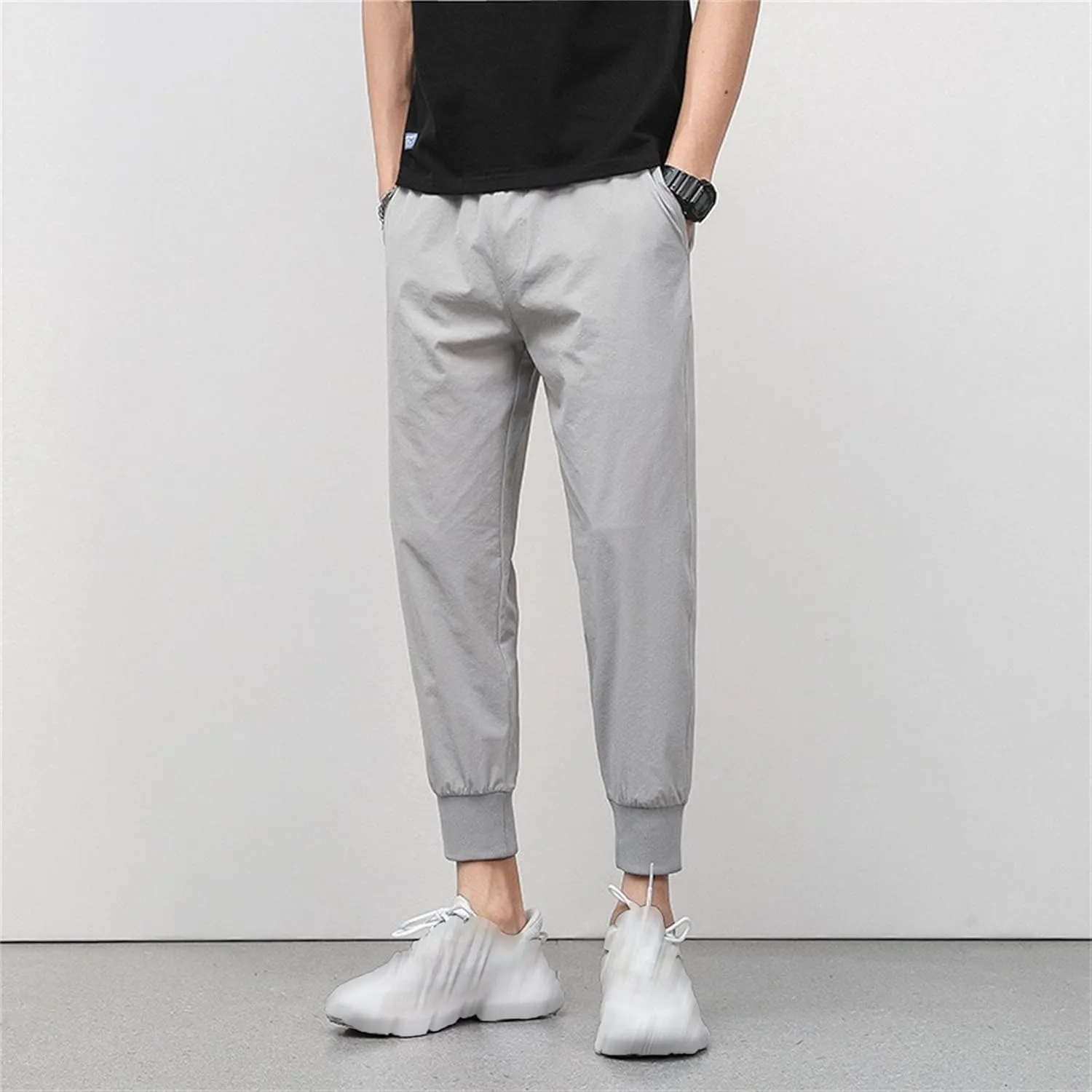 DGHM-JLMY Men's Summer Thin Ice Silk Sweatpants Fashion Breathable Tapered Pants Lightweight Stretchy Jogging Ankle Pants