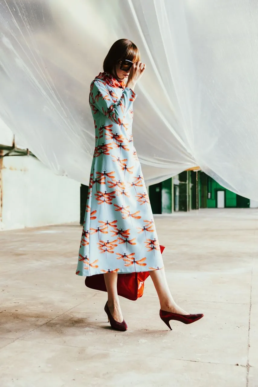 Dragonfly Print A-Line Light Blue Long Dress