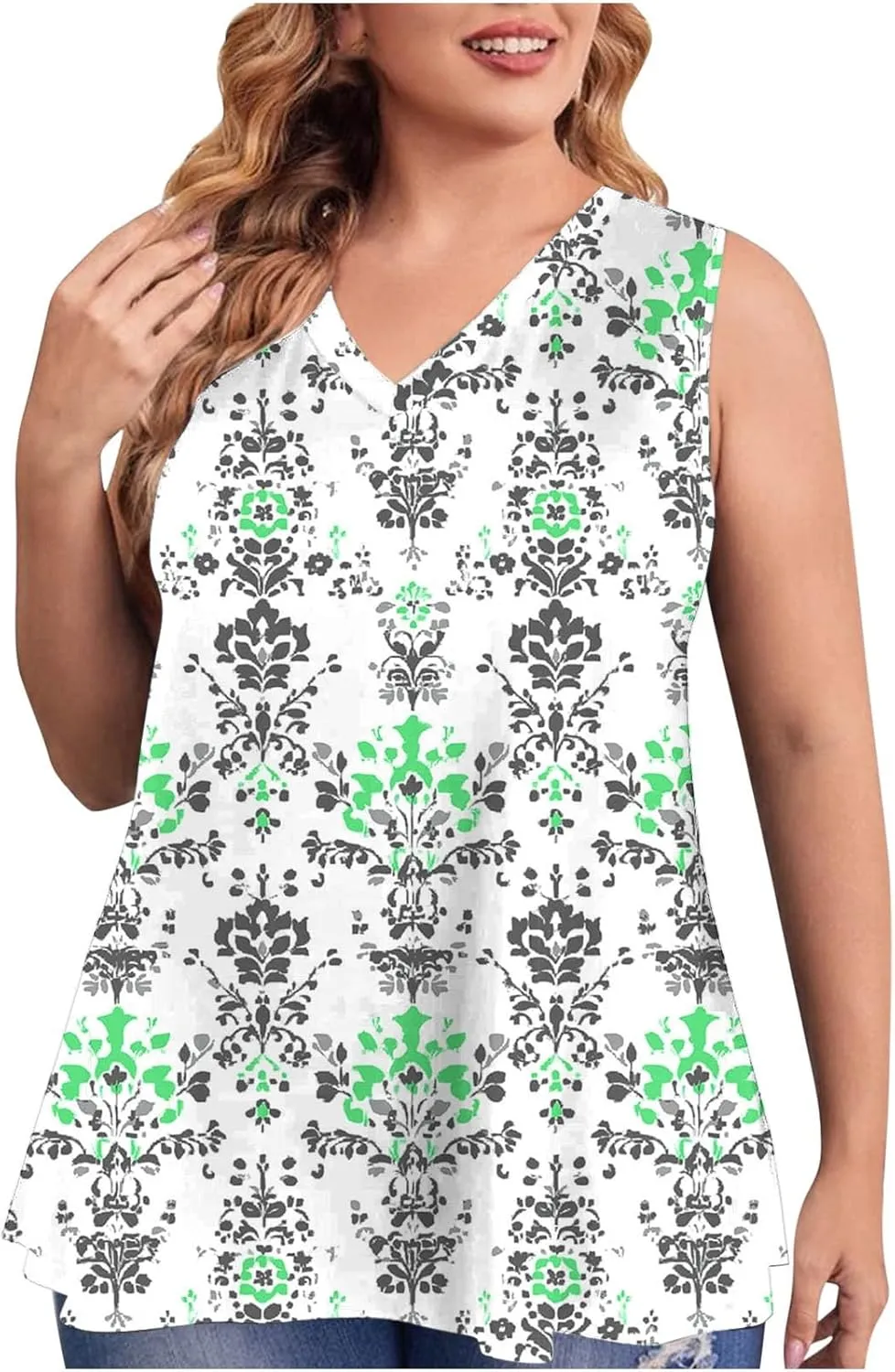 Fashion Print Plus Size Tank Tops for Women, Loose V-Neck Summer Sleeveless Casual Shirts Ruffle Hem Vacation Clothes