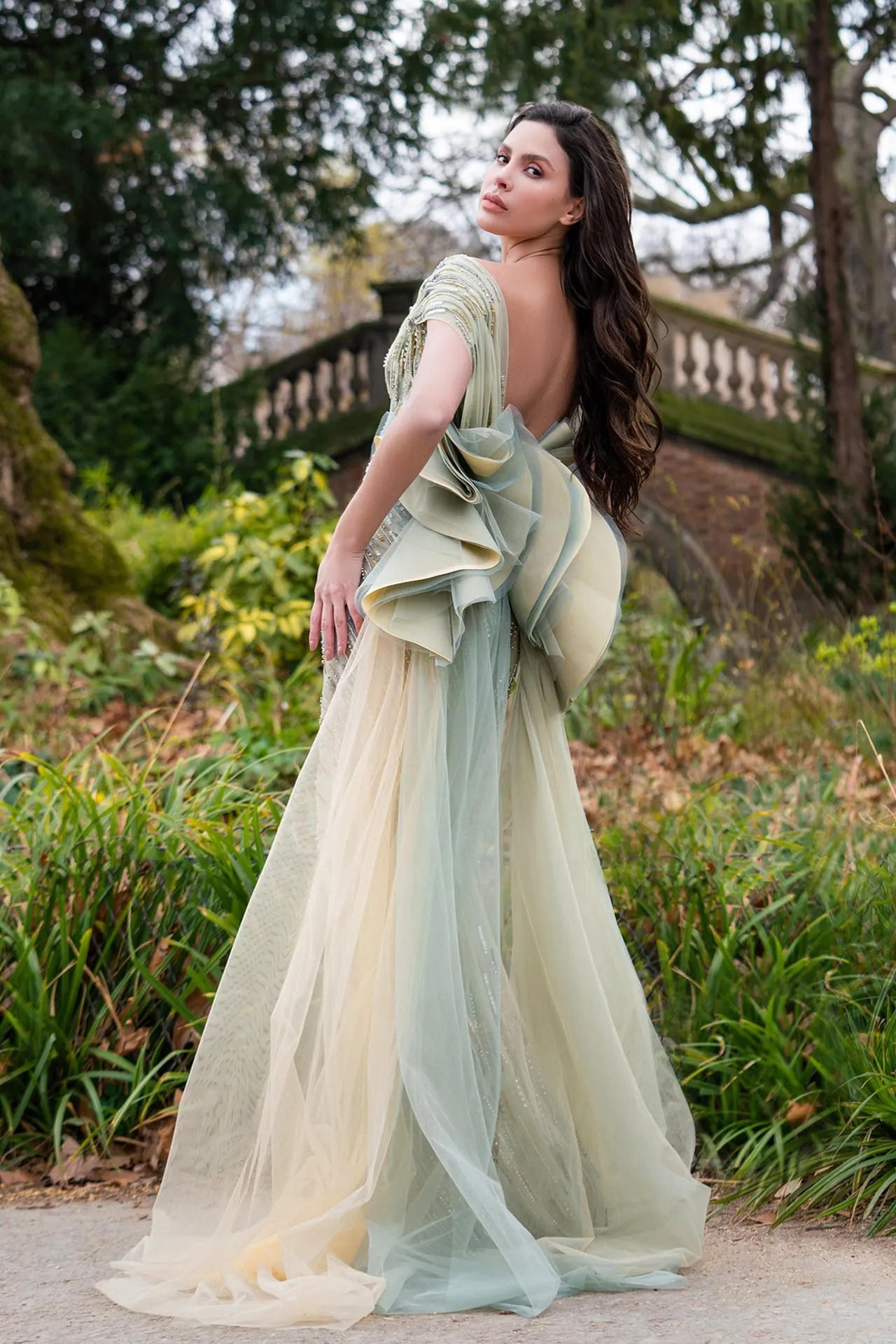 Flawless Off-Shoulder Draped Pistachio Tulle Evening Dress