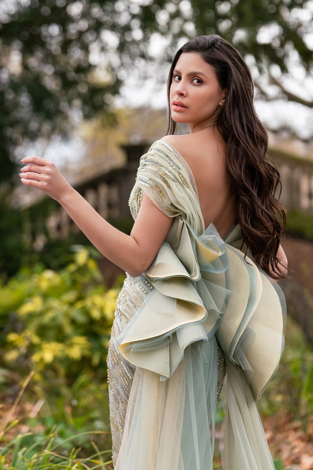 Flawless Off-Shoulder Draped Pistachio Tulle Evening Dress