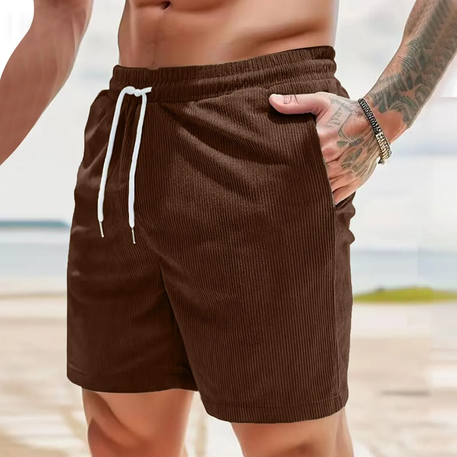generic Mens Shorts Fashion Spring Fall Corduroy Shorts Boys Casual Relaxed Fit Loungewear Fitness Gym Shorts Elastic Waist