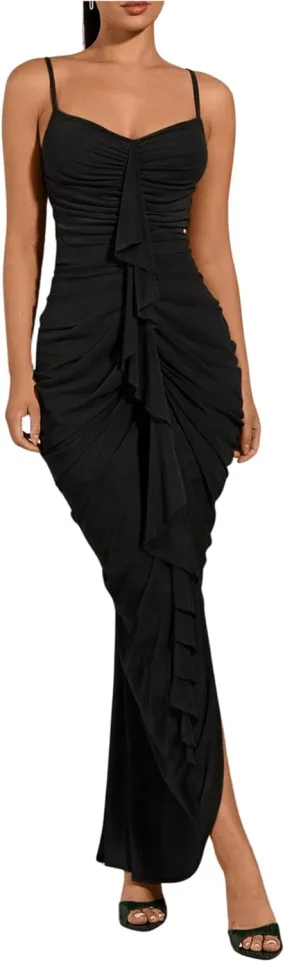 GORGLITTER Women's Sexy Ruched Bodycon Ruffle Dress Asymmetrical Sleeveless Cami Dresses