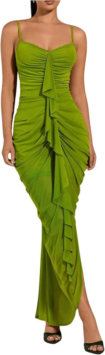 GORGLITTER Women's Sexy Ruched Bodycon Ruffle Dress Asymmetrical Sleeveless Cami Dresses