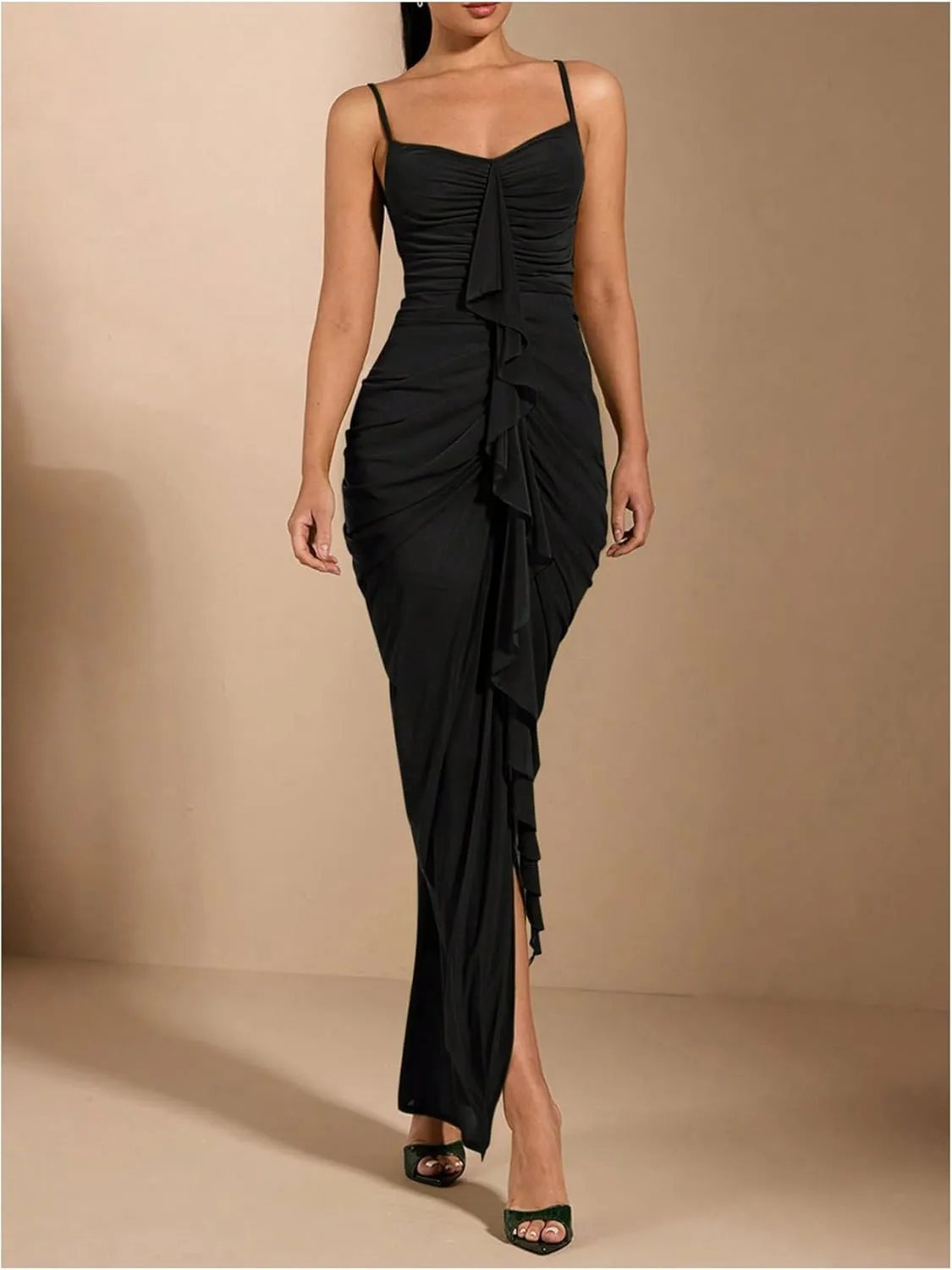 GORGLITTER Women's Sexy Ruched Bodycon Ruffle Dress Asymmetrical Sleeveless Cami Dresses