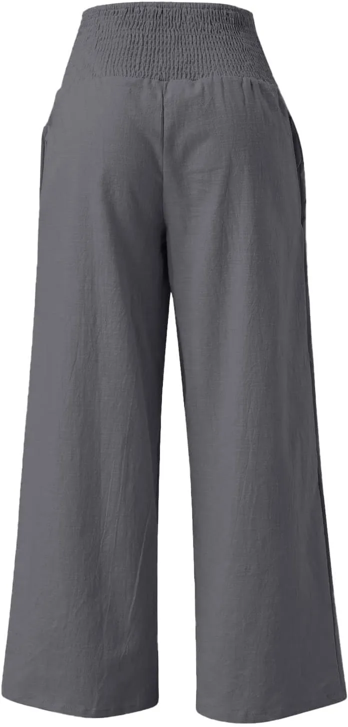 Khaki Linen Pants Women Wide Leg Flowy Breathable Friends' Gathering Beach Pants Spring Themed Party Casual Trousers