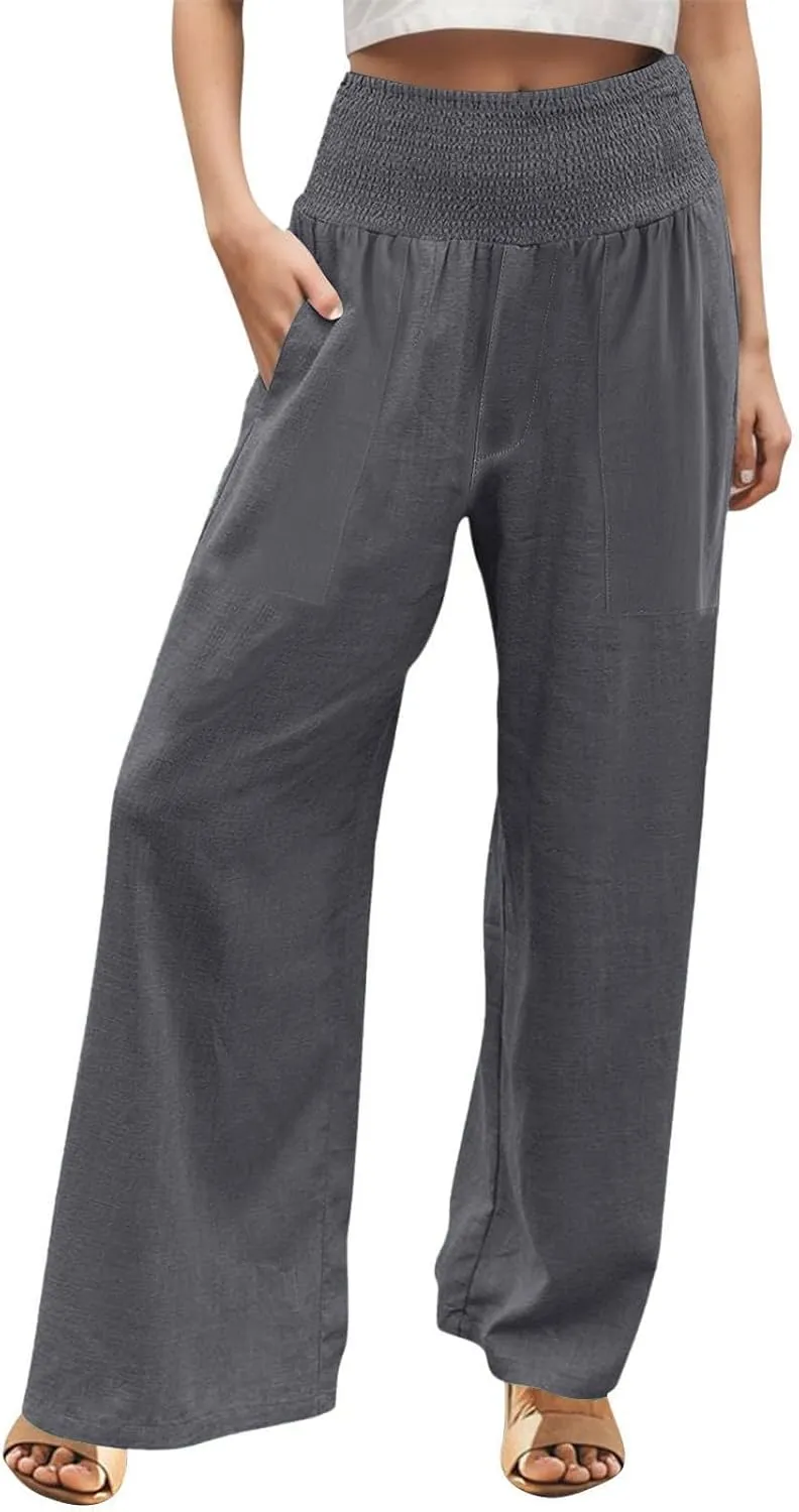 Khaki Linen Pants Women Wide Leg Flowy Breathable Friends' Gathering Beach Pants Spring Themed Party Casual Trousers