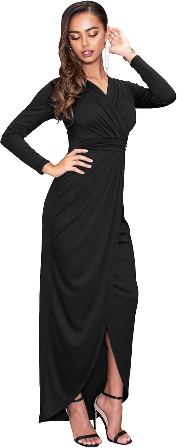 KOH KOH Womens Long Sleeve Formal Wrap Draped Cocktail V-Neck Gown Maxi Dress