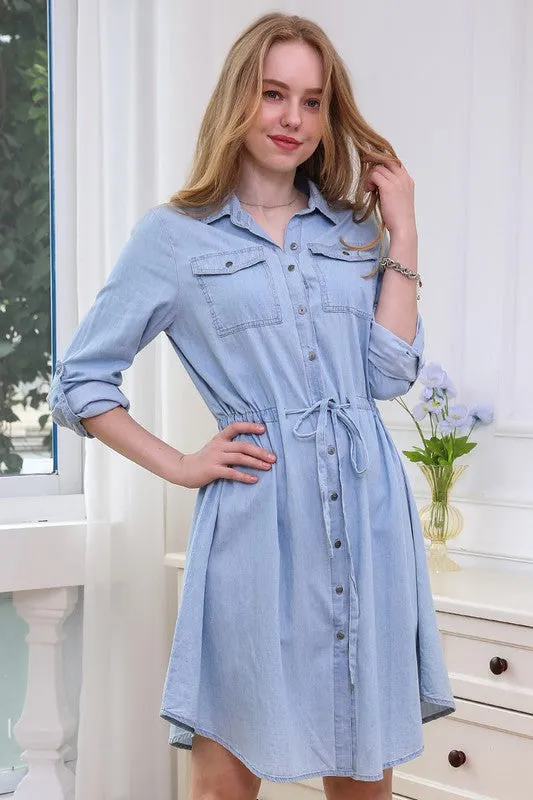 Light Chambray Drawstring Waist Shirtdress