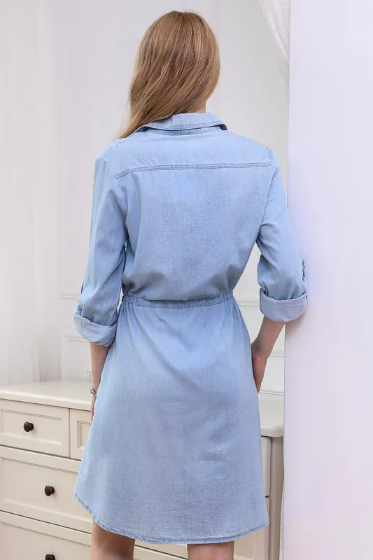 Light Chambray Drawstring Waist Shirtdress